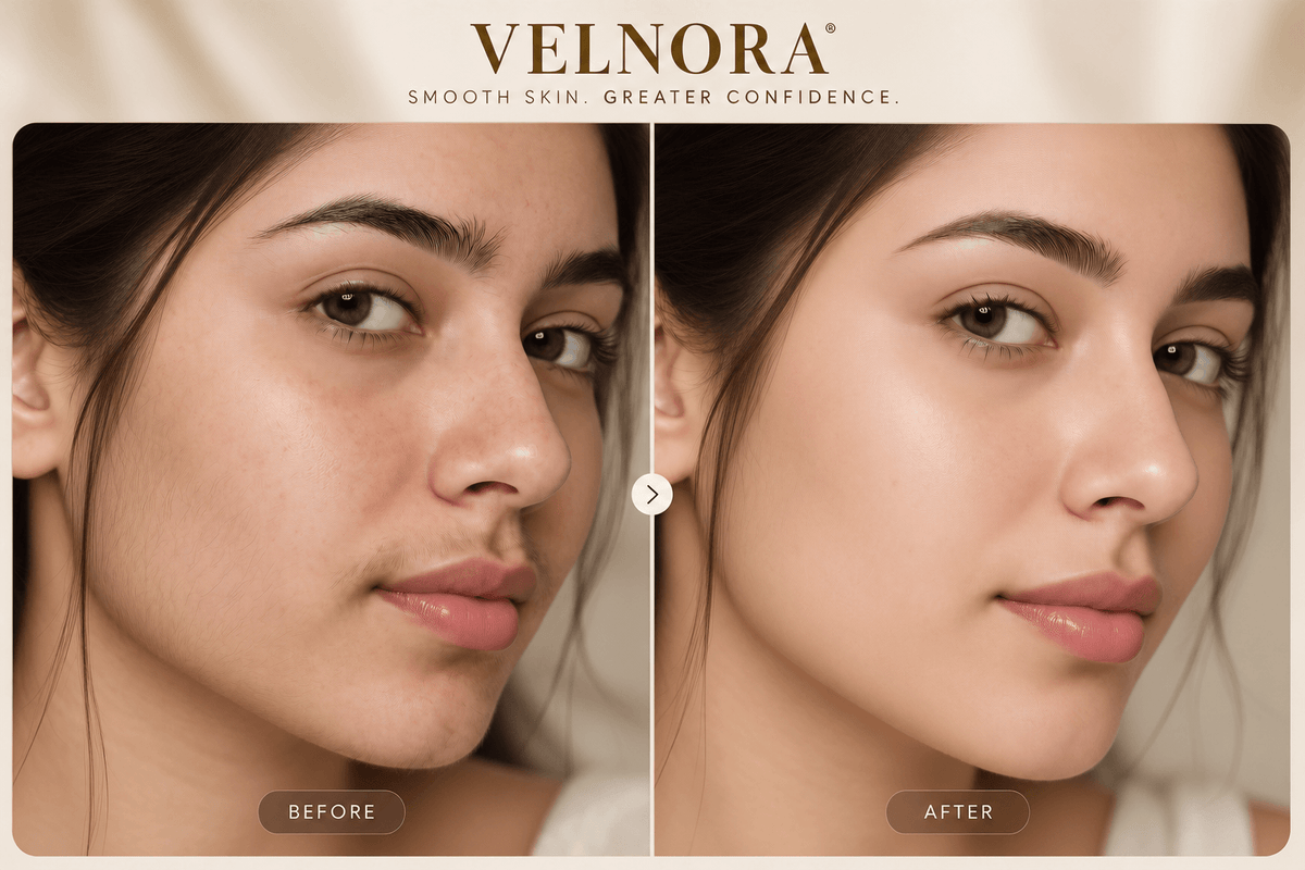 VELNORA 2-in-1 facial and eyebrow trimmer — illustrative before and after grooming result